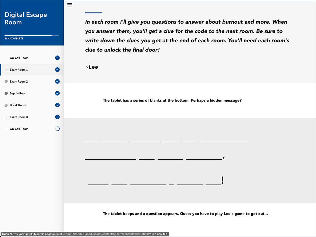 Digital Escape Room Course Screen